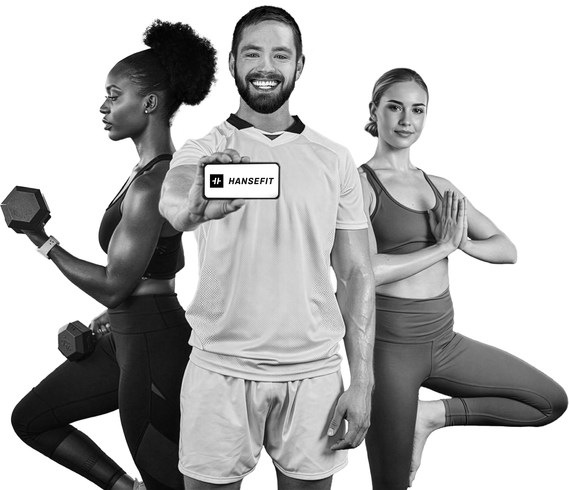 1 Sportler und 2 Sportlerinnen. Die Sportlerinnen machen eine Übung, der Sportler hält lächelnd eine Hansefit-Schild in die Kamera.